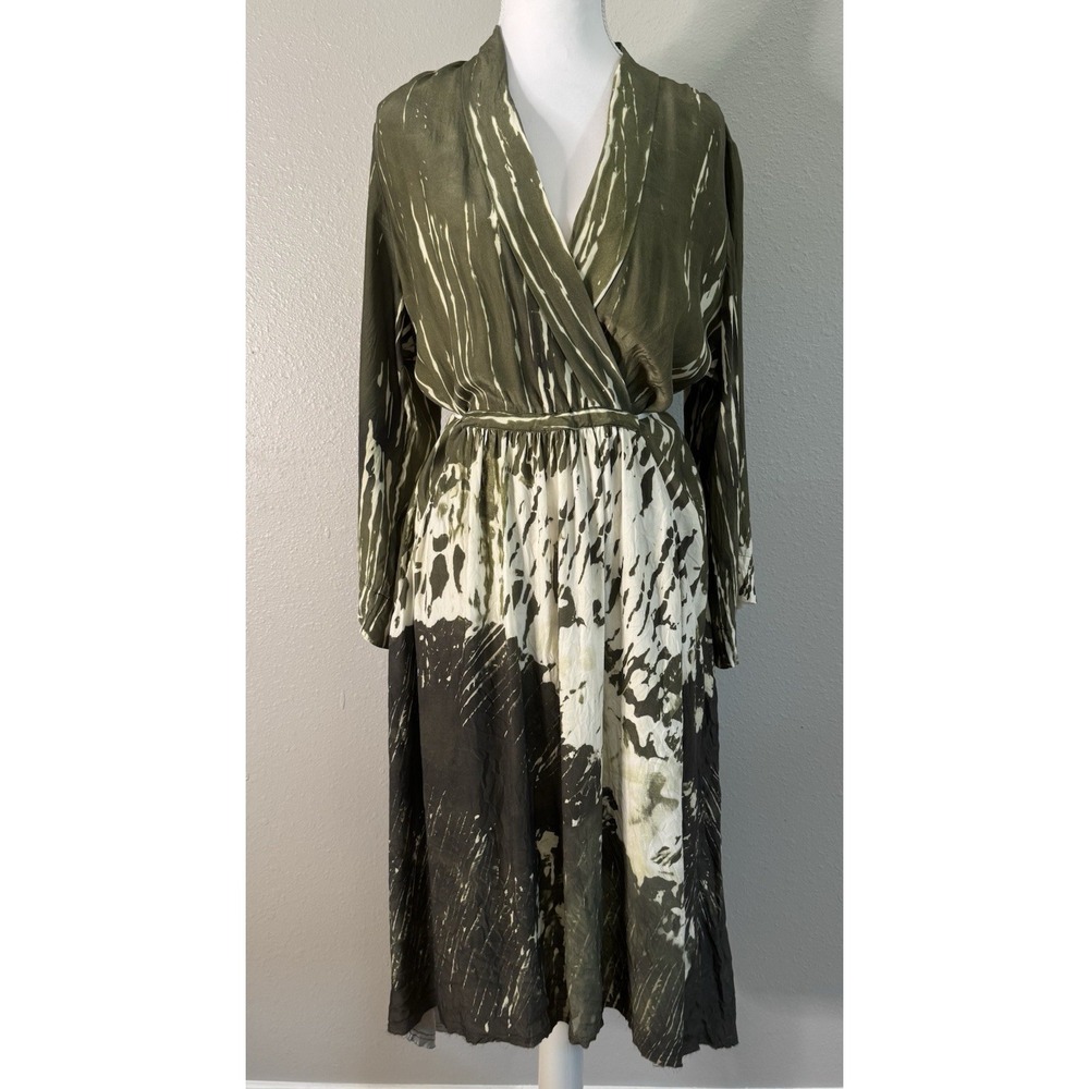 Go Silk 100% Silk Abstract Print Surplice Midi Dress Olive Pocket Art to Wear S